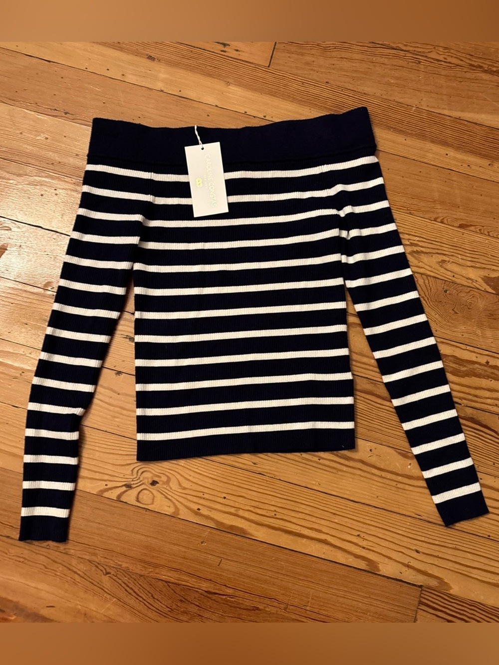 Caroline Constas Striped Ribbed Boat Neck Sweater Navy Blue White Size M New